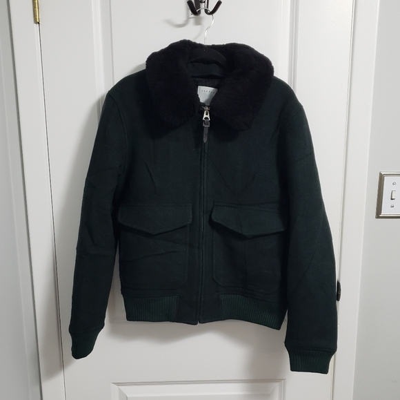 SANDRO Shearling Trim Collar Green Herringbone Wool Aviator Jacket - Picture 3 of 16